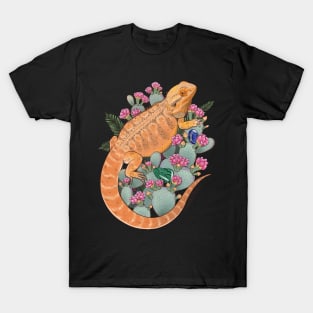 Bearded Dragon with Blooming Opuntia Cactus and Boston Ferns with Crystals T-Shirt